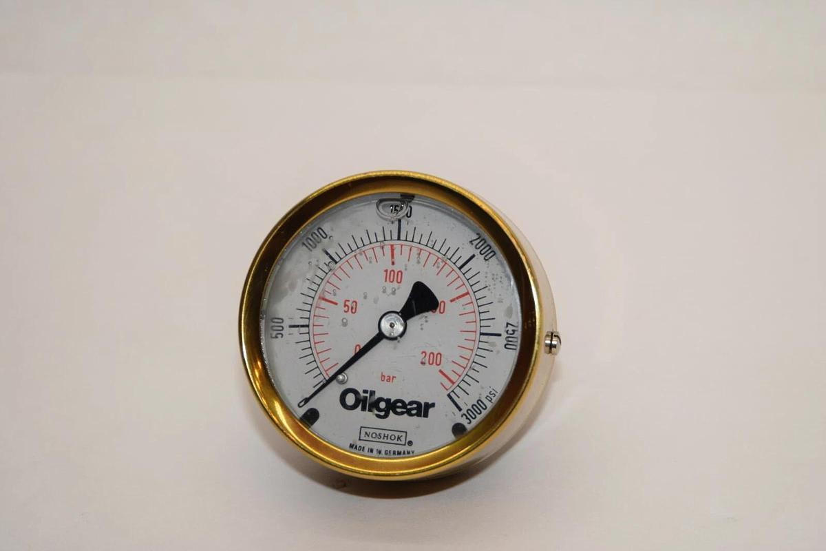 (NEW) NOSHOK / OILGEAR 0-3000psi 0-200 Bar 1/4" NPT Brass Back Mount Gauge