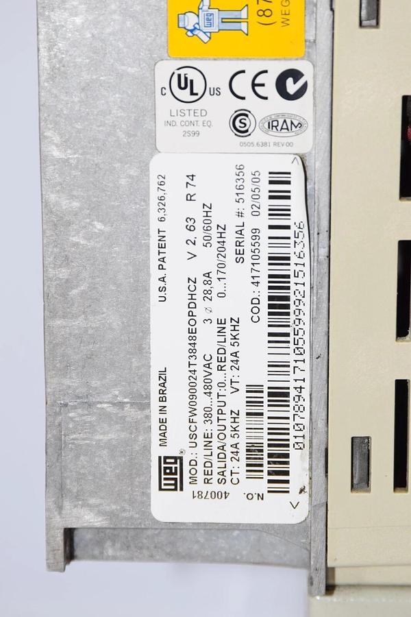 Used WEG USCFW090024T3848EOPDHCZ 3PH 380/480Vac 50/60Hz Vectrue Inverter *No Keypad*