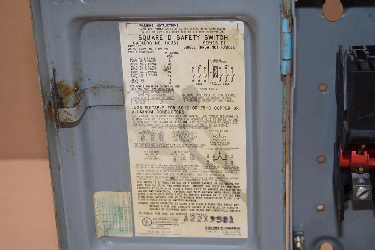 Used SQUARE D Safety Switch HU361 30A 30 Amp 30 A 600V Series E1 Safety Switch