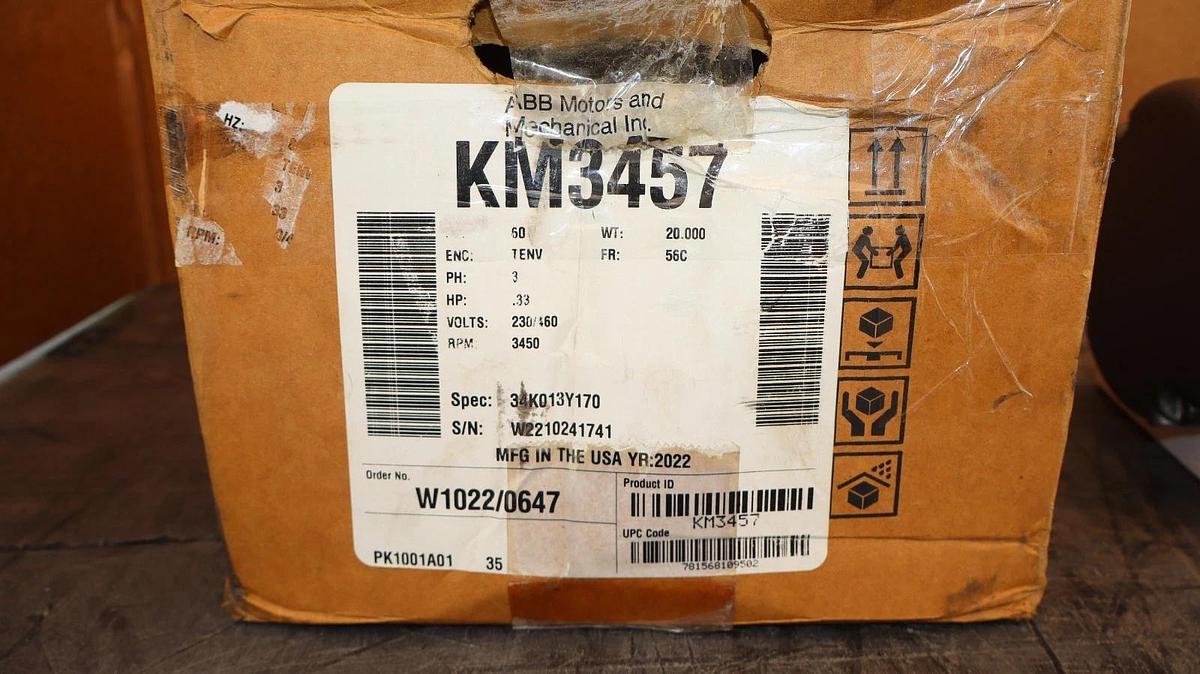 BALDOR KM3457 INDUSTRIAL MOTOR .33HP 34K013Y170 230/460V RPM 3450 (New)