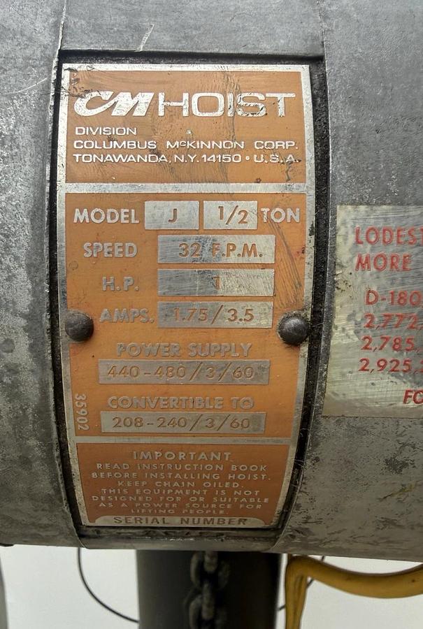 Used CM Lodestar Chain Hoist 1/2 Ton 1000lb Model J 20' chain 240V 480V 3ph 1hp 32fpm