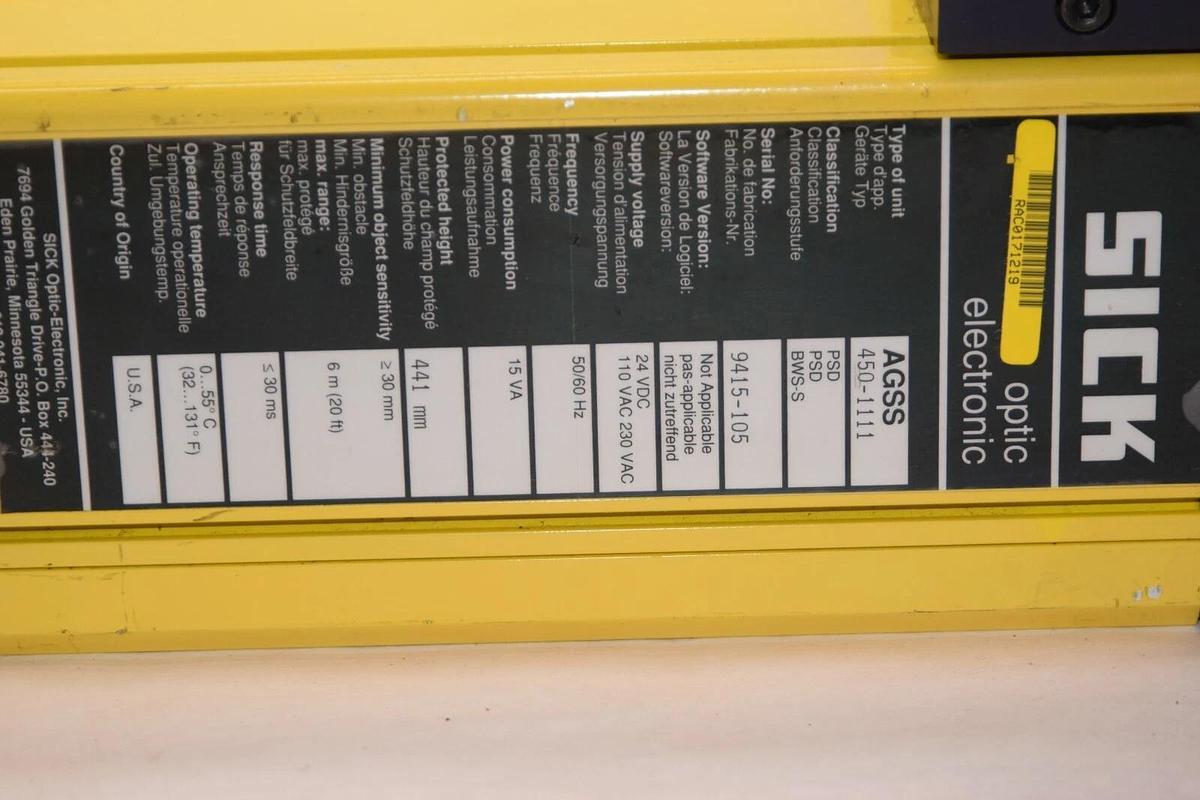 Used SICK Light Curtain AGSS 450-1111 441mm 50/60Hz AGSS4501111 *No End Cap*