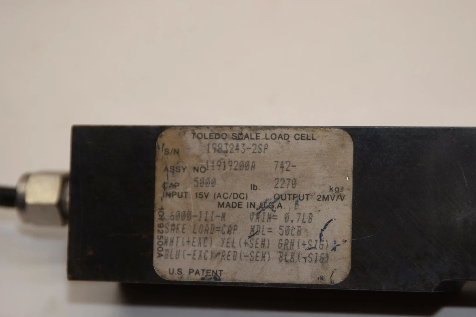 Used TOLEDO SCALE 11919200A 1983243-2SP 5000 Cap 2270lb 15V Load Cell