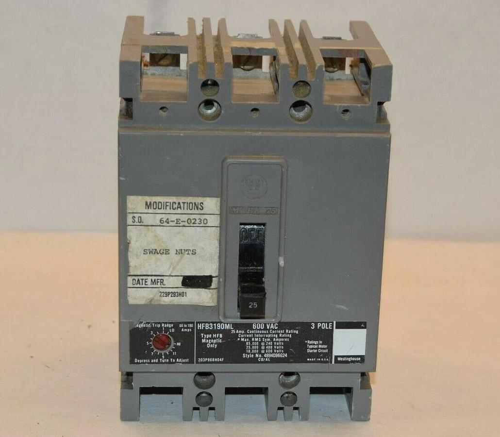 Used WESTINGHOUSE HFB3190ML 25A 600Vac 3 Pole Mark75 Circuit Breaker