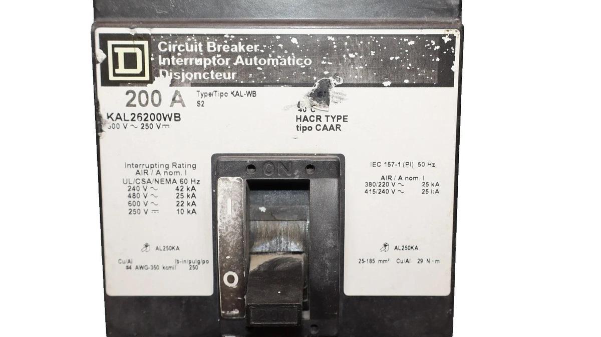 Used Square D KAL26200WB 200A Amp 2P 600V ~ 250V Circuit Breaker