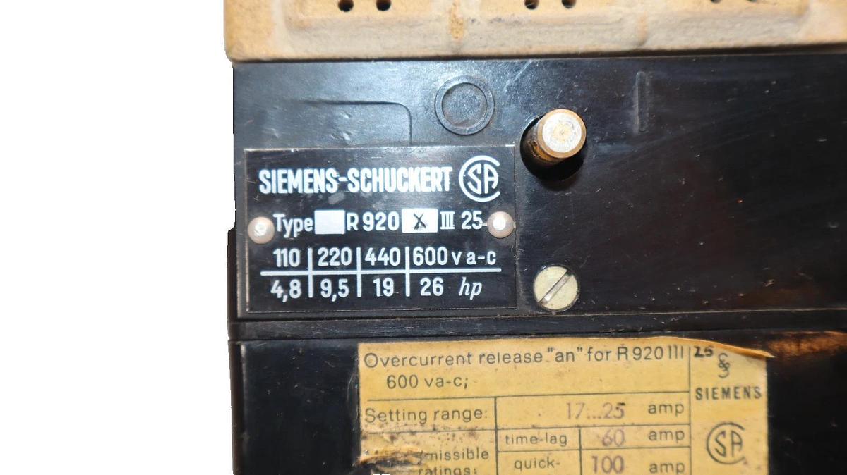 Used Siemens R920III25 , R920 X III 25 600Vac 100Amp Overload Relay Vintage (NOS)