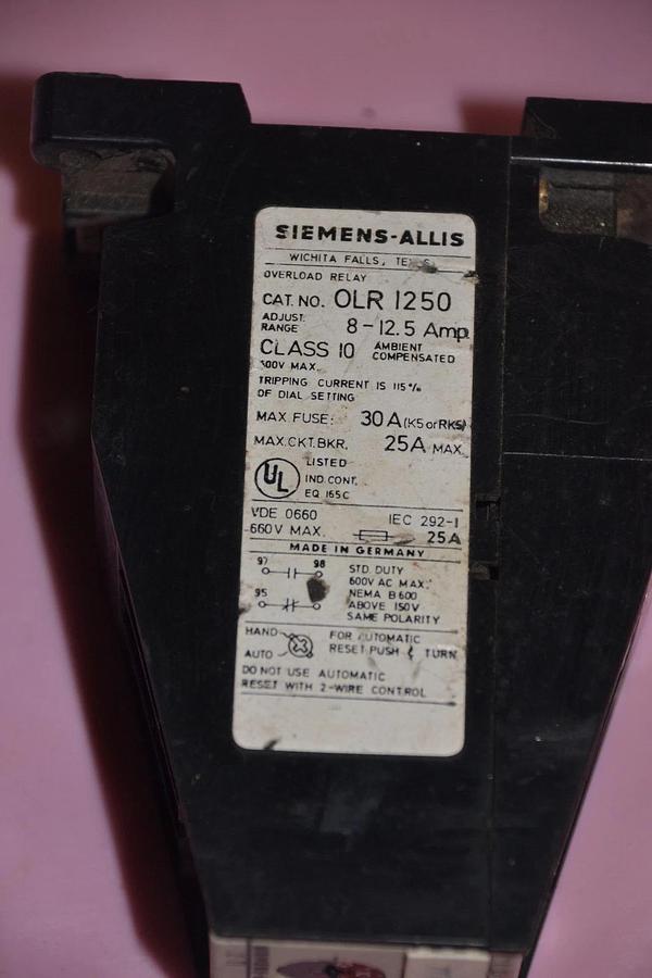 Used SIEMENS ALLIS OVERLOAD RELAY OLR 1250 OLR1250 OLR-1250 8-12.5 A AMP CLASS 10