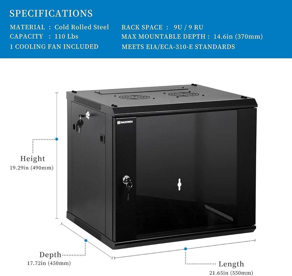 RackPath 12U Wall Mount Rack Enclosure, Cooling Fan Brand New