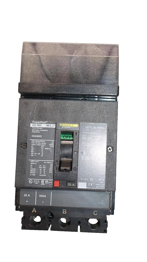 Used Square D / PowerPact HG 060 , HGA36025 25A Amp 3 Pole Circuit Breaker