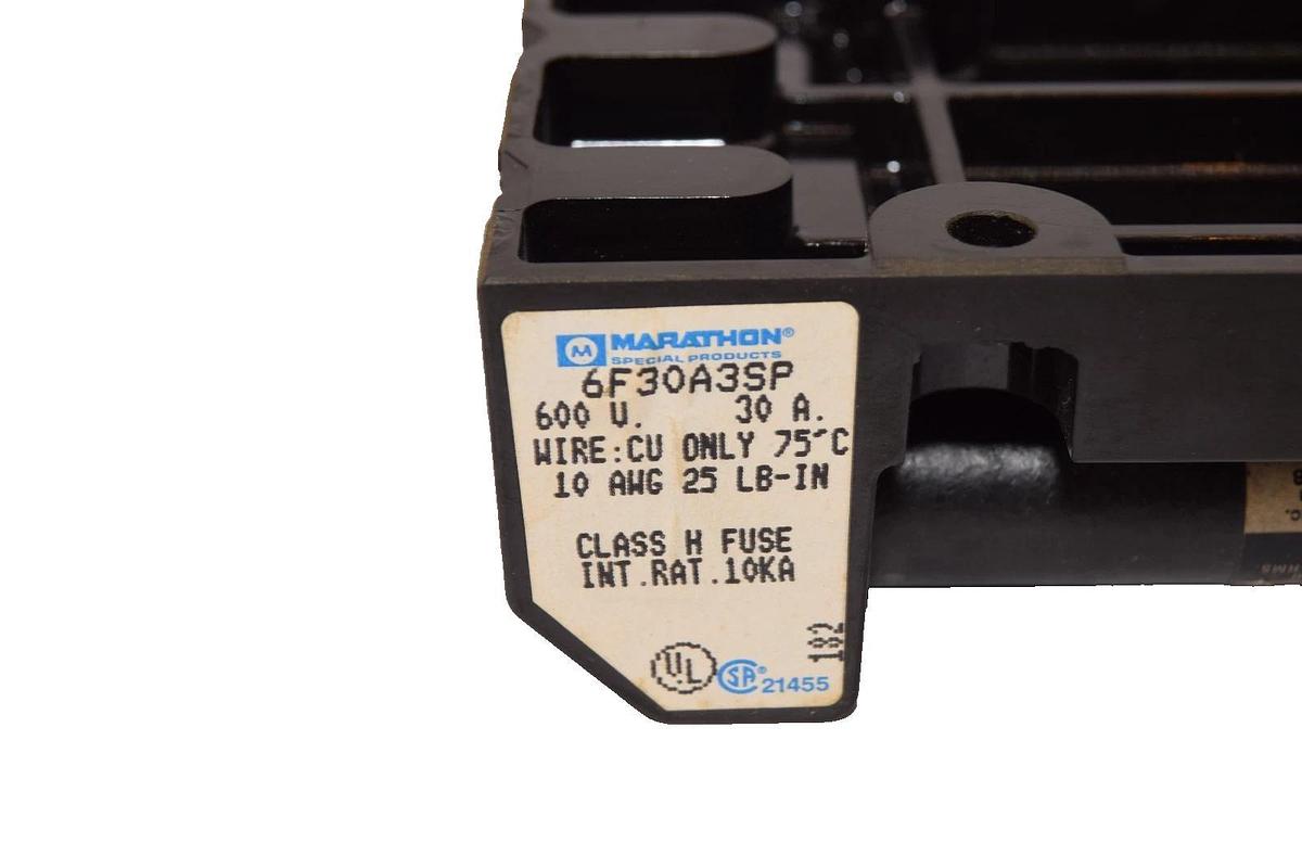 Used Marathon 6F30A3SP 600V 600V 30A Fuse Holder with (3) FRS-R-20 20A Fuse