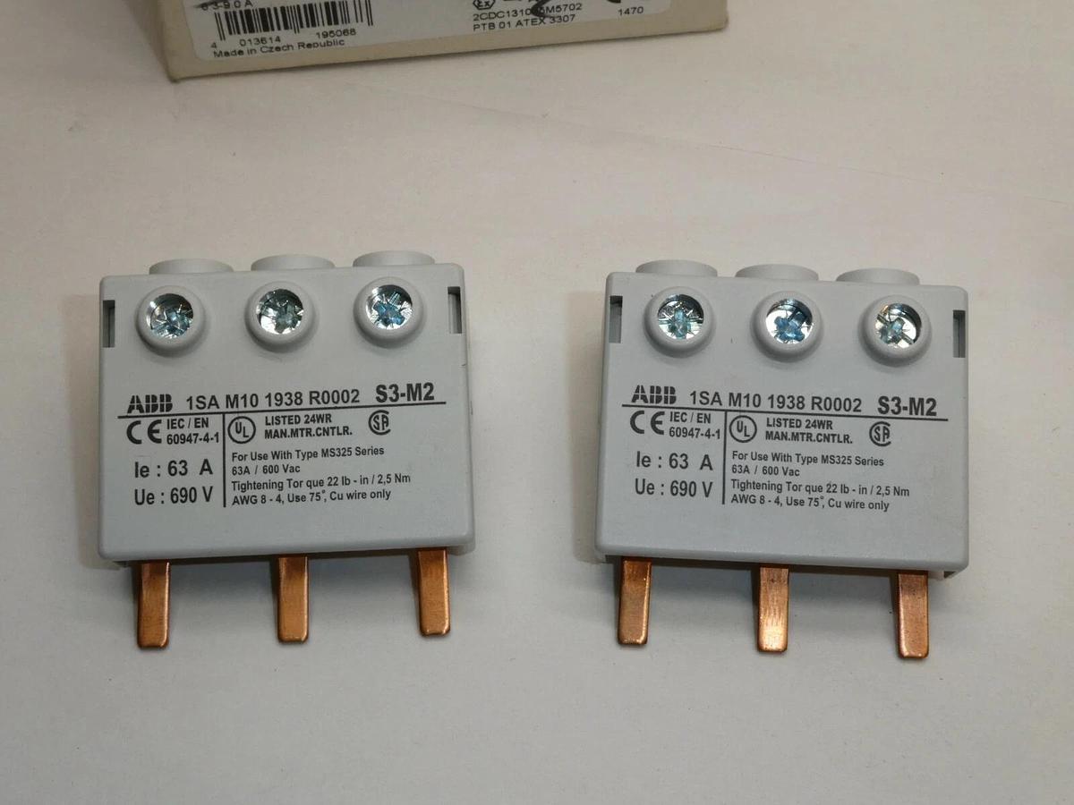(NEW - Lot of 2) ABB S3-M2 63A / 600Vac Feeding Terminal / Power Infeed Block