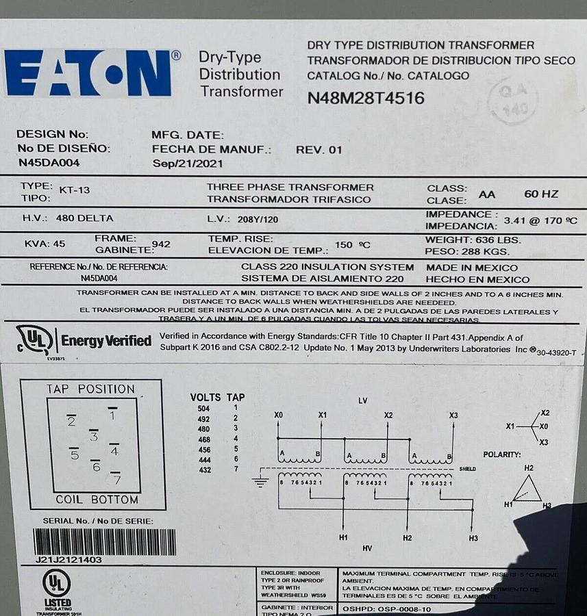 Eaton N48M28T4516 Dry Distribution Transformer 45 kVA 45kva 408-208/120v 3ph NEW