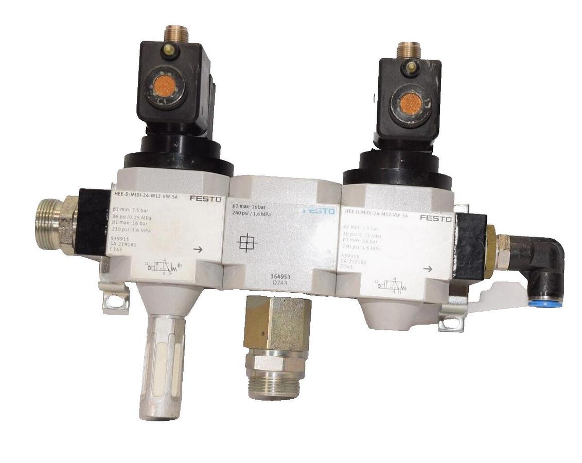 Used FESTO HEE-D-MIDI-24-M12-VW-SA On/Off Valve Assembly W/ Branching Module 164953