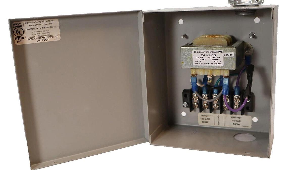 Used DIGITAL MONITORING PRODUCTS 322/323 56Va 6 x 6-3/4 x 3 Burglar Alarm Transformer