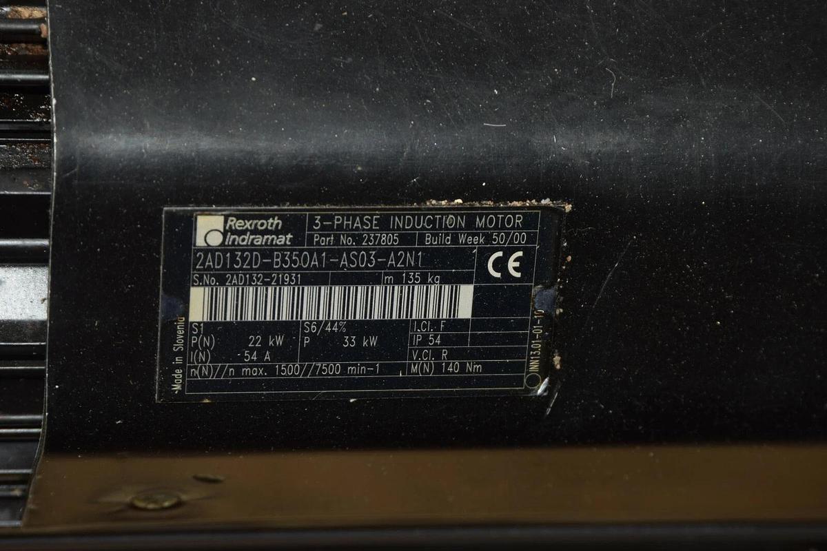 Used REXROTH INDRAMAT 3ph Induction Motor 22kW 2AD132D-B350A1-AS03-A2N1 / 237805