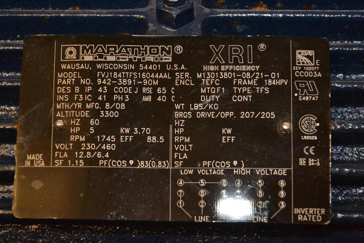 Used Marathon Motor 5hp  FVJ184TTFS16044AAL  942-3891-90M  230/460v 3ph 5hp 1745rpm