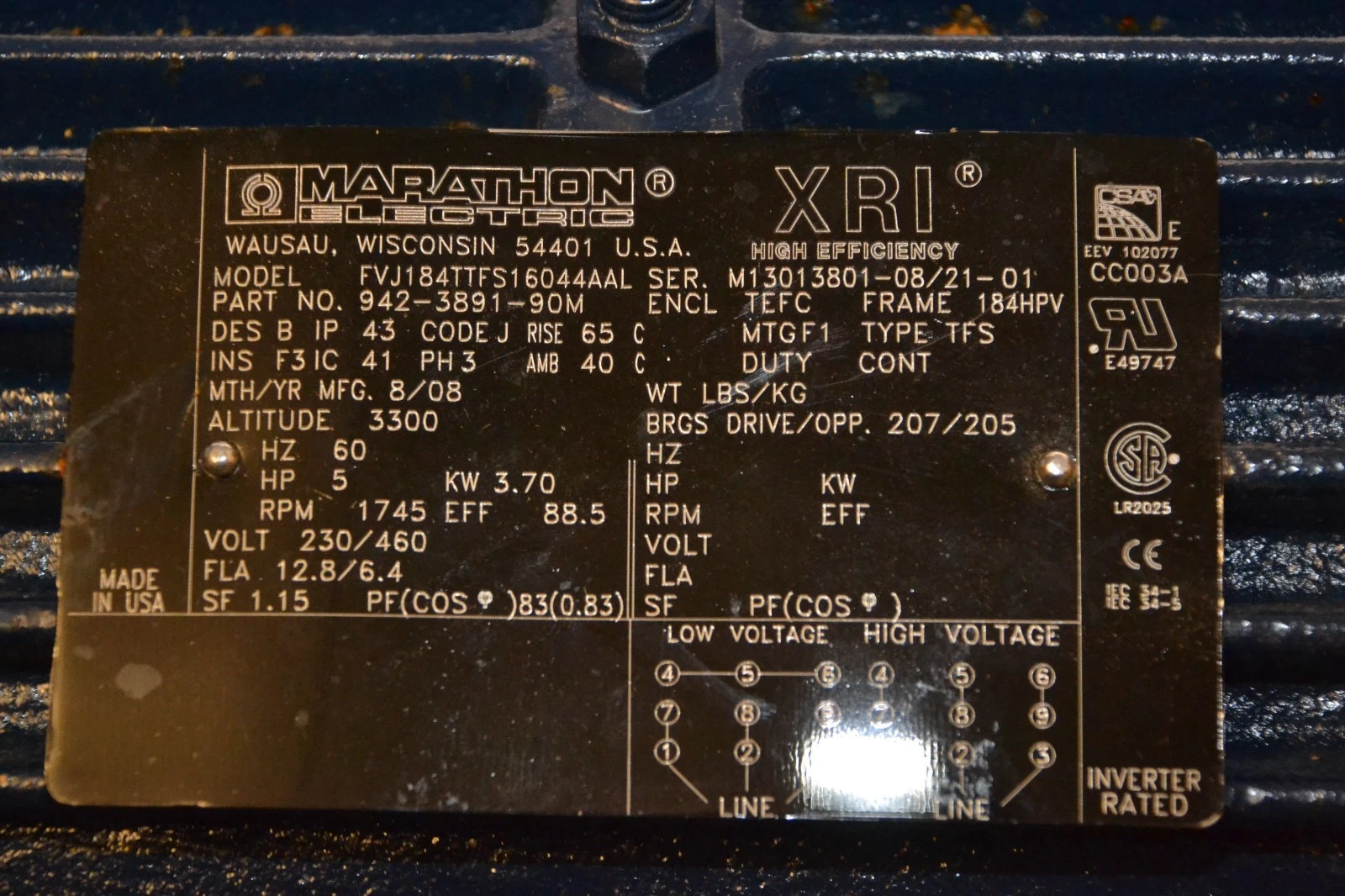 Used Marathon Motor 5hp FVJ184TTFS16044AAL 942-3891-90M 230/460v 3ph 5hp 1745rpm