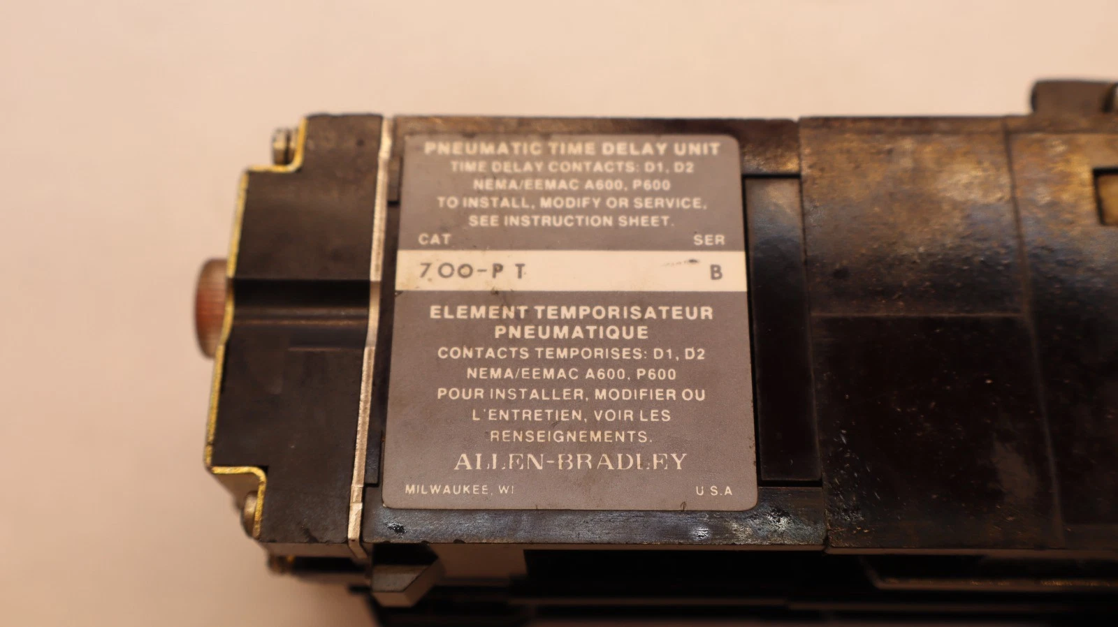 Used Allen Bradley Relay 700-PT Pneumatic Time Delay 700-P400A1 600A Coil: 120V