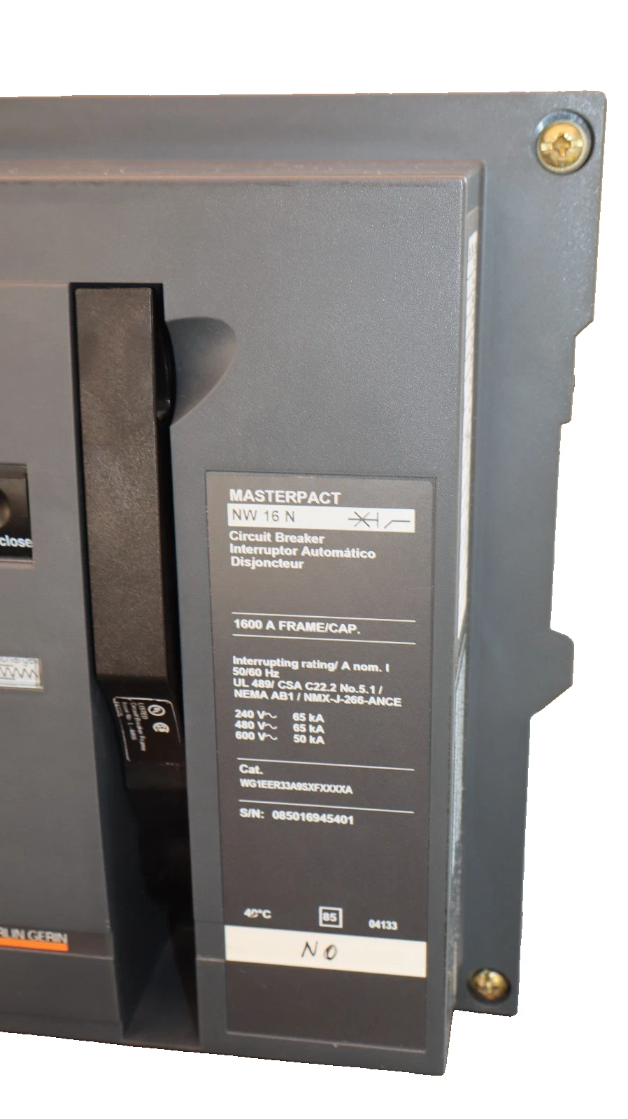 Refurbished Square D Breaker Masterpact NW16N 1600A Micrologic 5.0 WG1EER33A9SXFXXXXA 1600 A