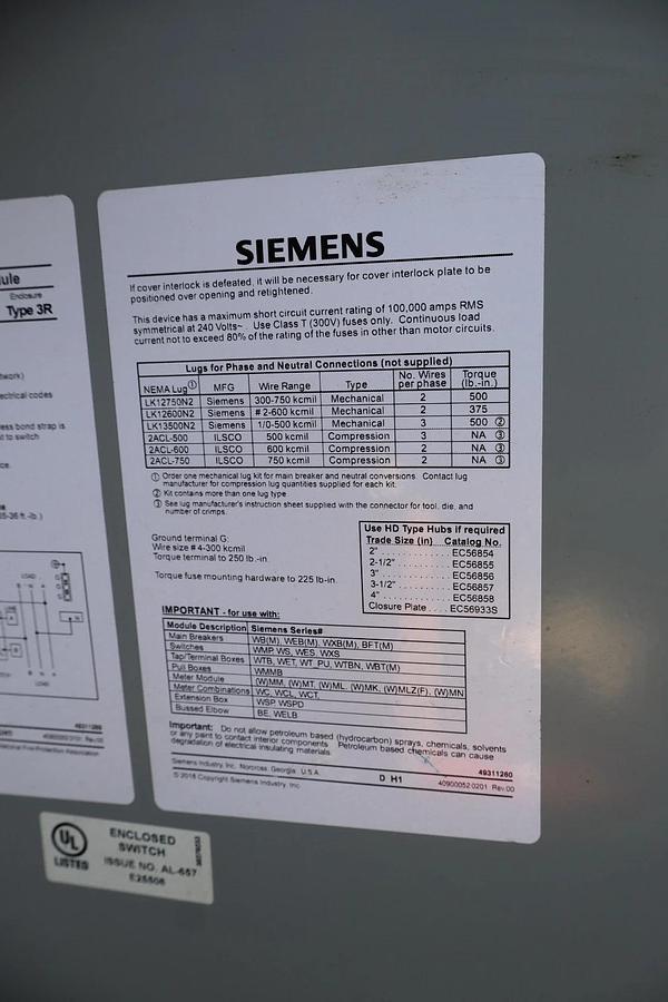 Used Siemens Power Mod 800A Modular Metering System WS1800CU Switch Module 1ph 240v