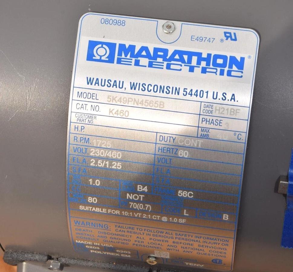 Used Marathon K460 Motor w/ Stearns Brake 3/4hp .75hp 230/460v 3ph 5K49PN4565B  (NEW)