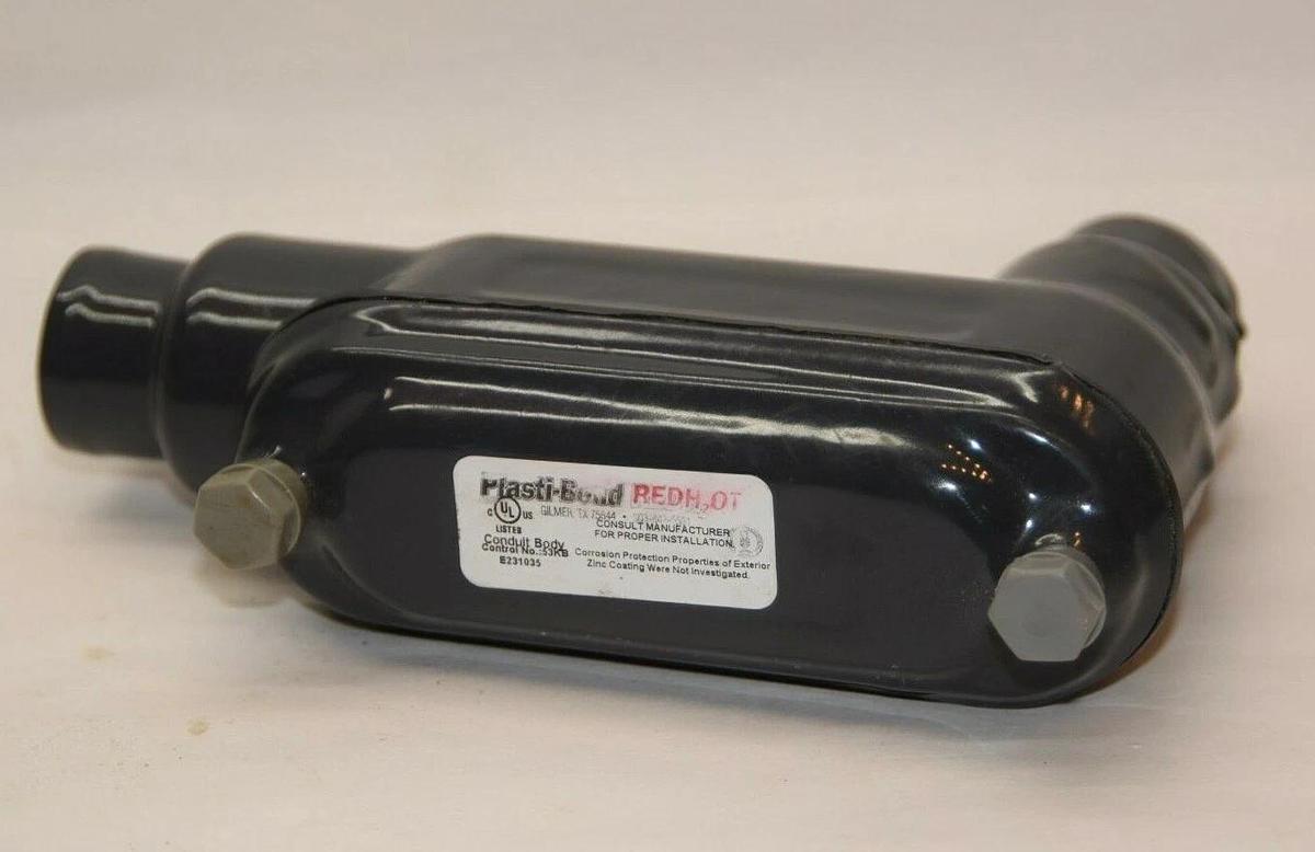 (NEW) PLASTI-BOND E231035 Red H2OT 3/4" Coated Conduit Body 90 Elbow Fitting