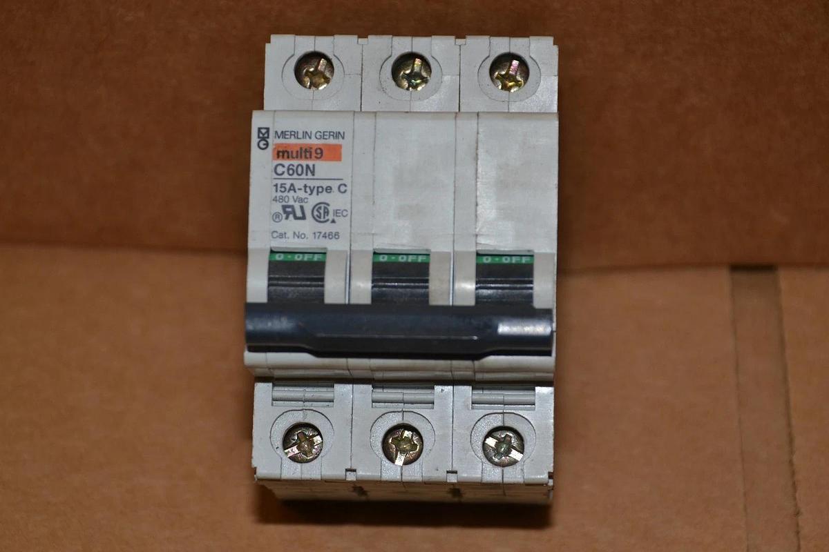 Used MERLIN GERIN MULTI 9 C60N 15A TYPE C 480V 3 POLE CIRCUIT BREAKER