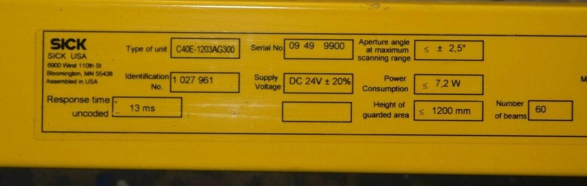 (New) SICK C40E-1203AG300 C4000 Series 1200mm 24Vdc  Light Curtain Basic+