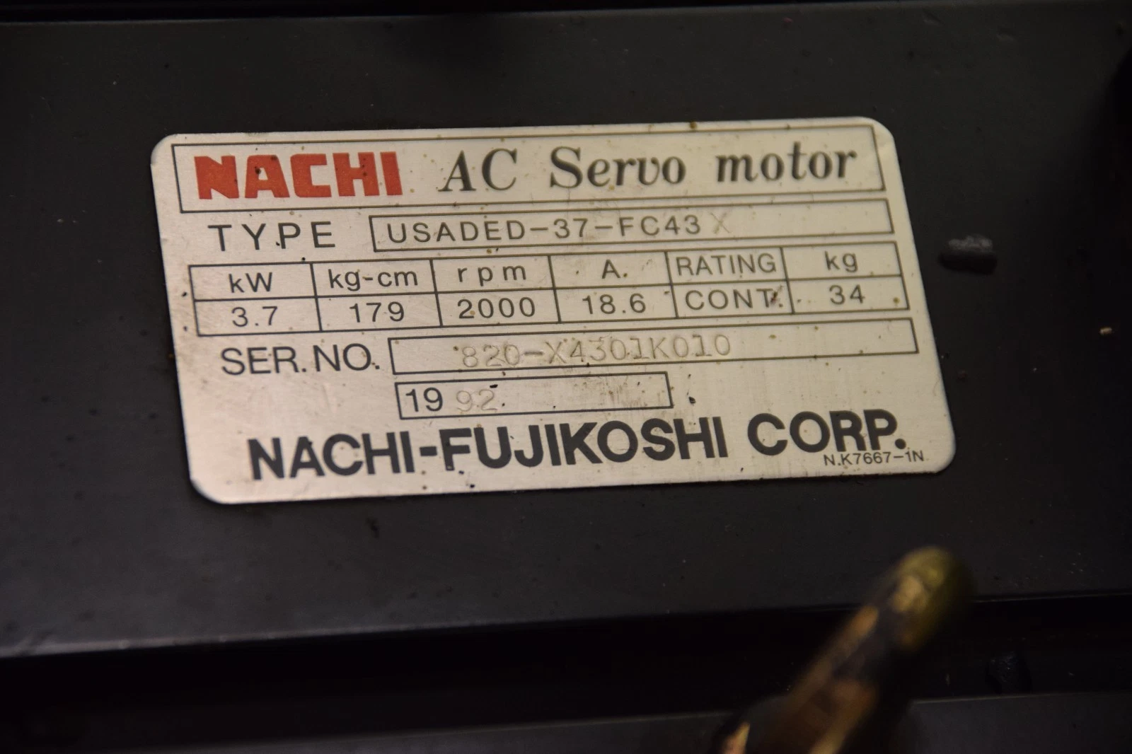 Used NACHI SERVO Motor USADED-37-FC43X USADED-37-FC43 X 3.7KW 2000 RPM 18.6A