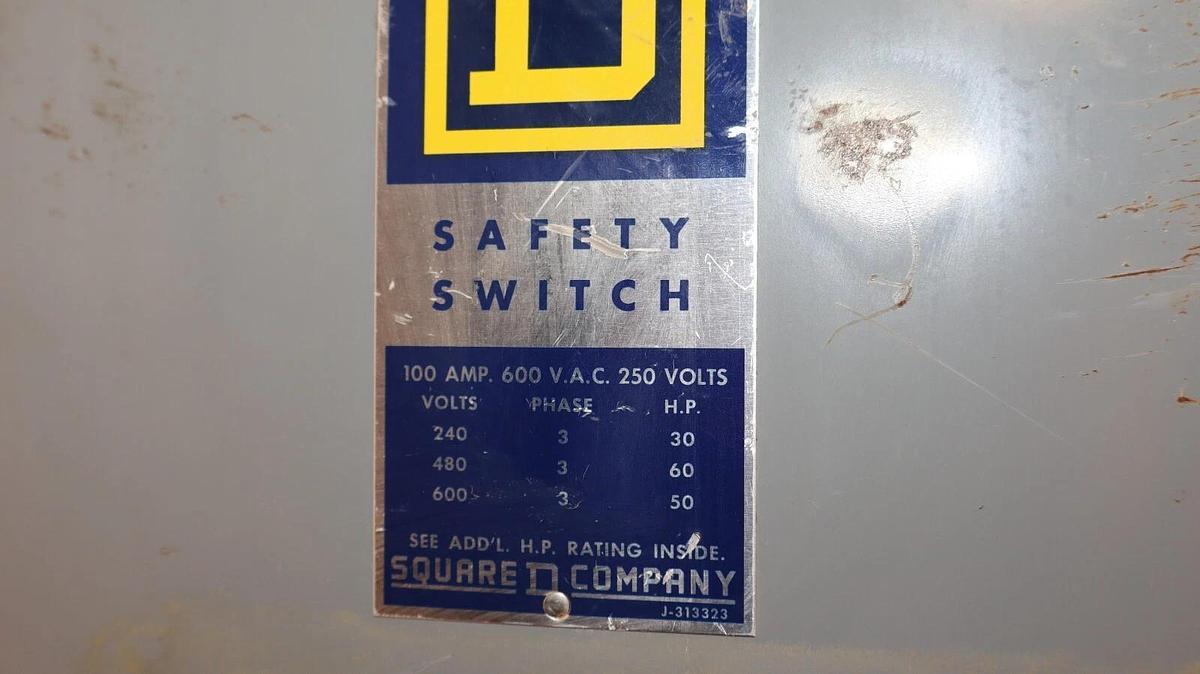 Used SQUARE D Safety Switch 100A 100 Amp 240 480 600vac 250v 3ph 3 phase