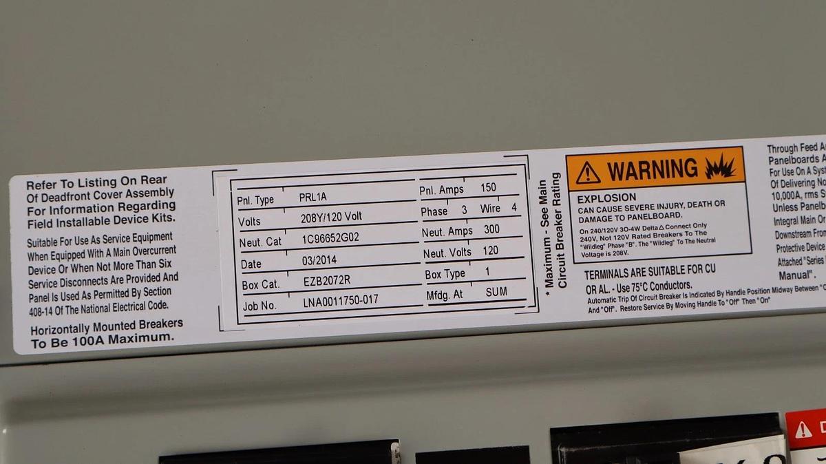 Used EATON Cutler Hammer 150A Pow-R-Line Panelboard Panel PRL1a 208y/120v 3ph 4w 42