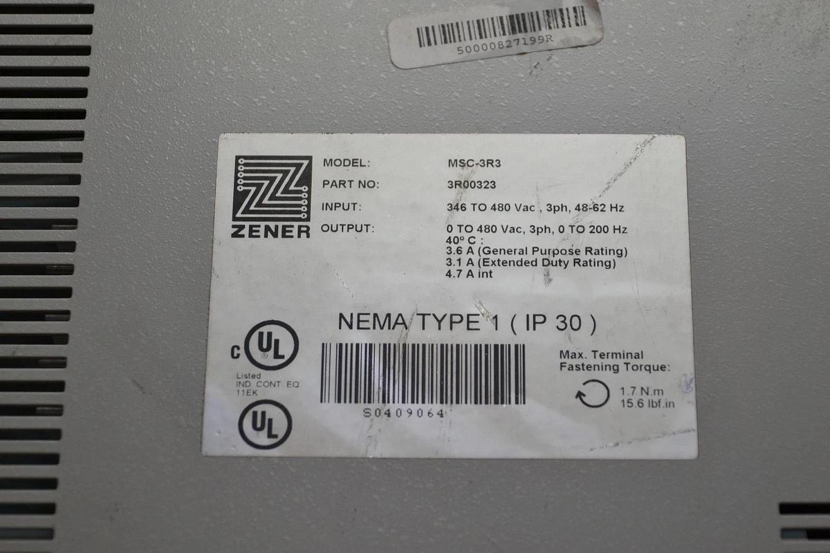 Used Zener MSC-3 AC Drive MSC3 MSC-3R3 MSC3R3 3R00323 0-480vac 3ph