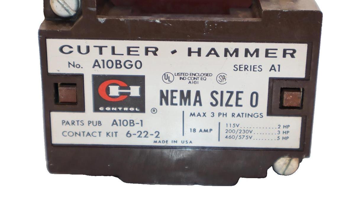 Used Cutler Hammer A10BG0 Nema Size 0 Series A1 110-120V Coil Contactor