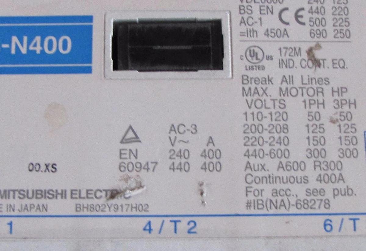 Used MITSUBISHI CONTACTOR S-N400 SN400 BH802Y917H02 260-350V COIL 3P 1PH 3PH 110-600V