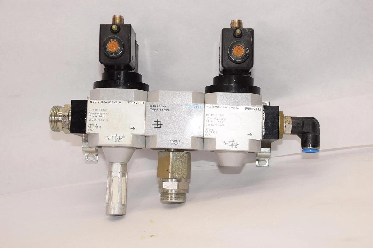 Used FESTO HEE-D-MIDI-24-M12-VW-SA On/Off Valve Assembly W/ Branching Module 164953