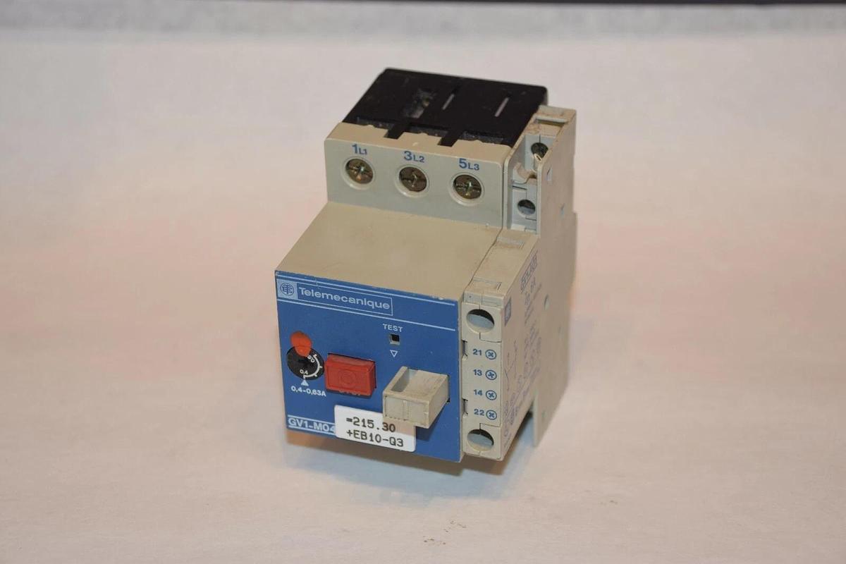 Used TELEMECANIQUE GV1-M04 GV1M04 0.4-0.63A MOTOR CIRCUIT BREAKER w/ Aux GV1-A01