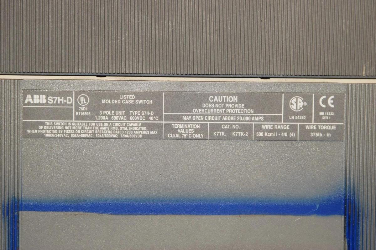 Used ABB SACE S7 S7H-D S7HD 3P 1200A 1200 Amp 600V Circuit Breaker