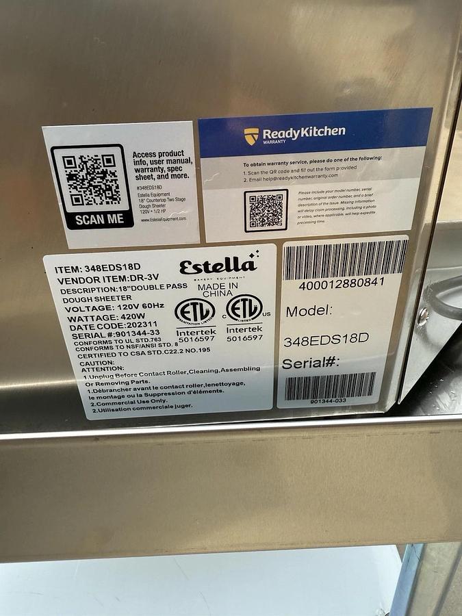 Estella 348EDS18D 18" Double Pass 2 Two Stage Dough Sheeter Countertop 120v NEW