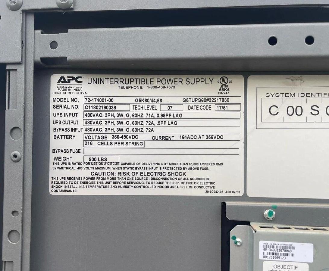 Used Schneider APC Galaxy 5000 UPS, Power Supply, 60kva, 72-174001-00 72-174052-10