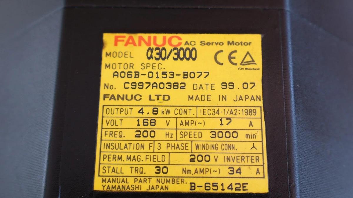 Fanuc AC Servo Motor A06B-0153-B077 A30/3000 4.8kw 4.8 kw 3ph (REFURB)