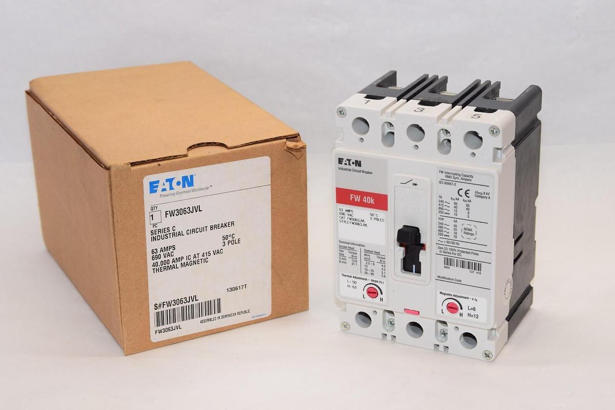 Used Eaton FW3063JVL 63 Amp Ser, C Industrial Circuit Breaker 63A, 690VAC (New)