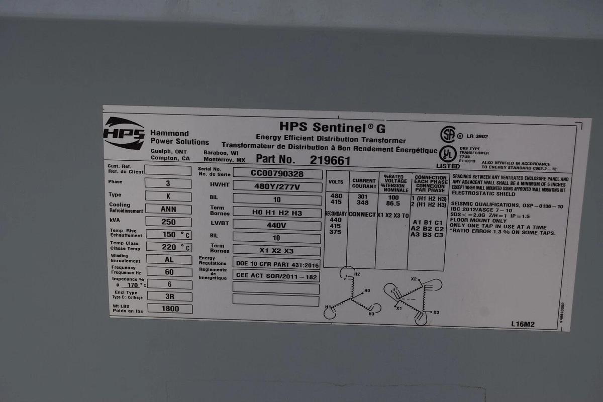 Hammond HPS Sentinel G Transformer 219661 250kva 250 kva 480y/277v High 440v NEW