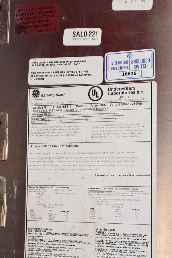 Used GE GENERAL ELECTRIC Safety Switch 30 Amp TH3361SS316 Model 1 30A Amp 600V