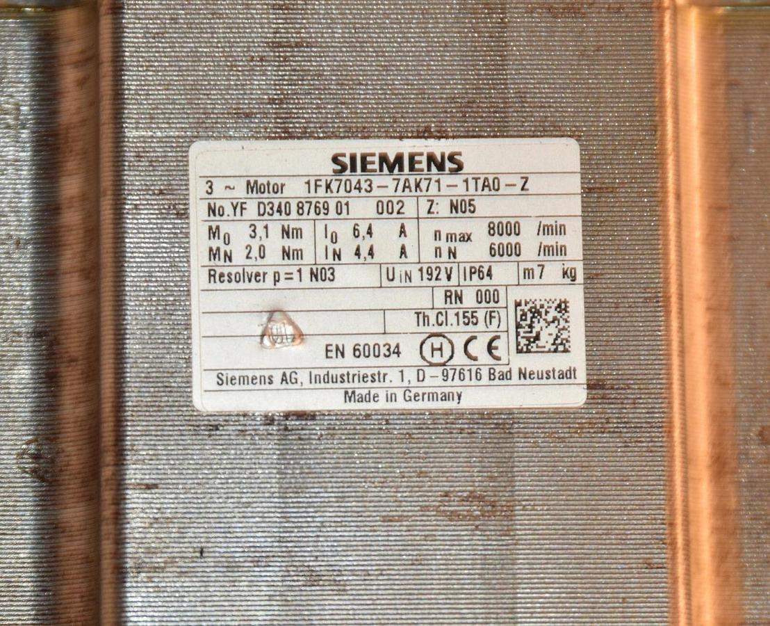 Used SIEMENS Servo Motor 1FK7043-7AK71-1TA0-Z / 1FK70437AK711TA0Z
