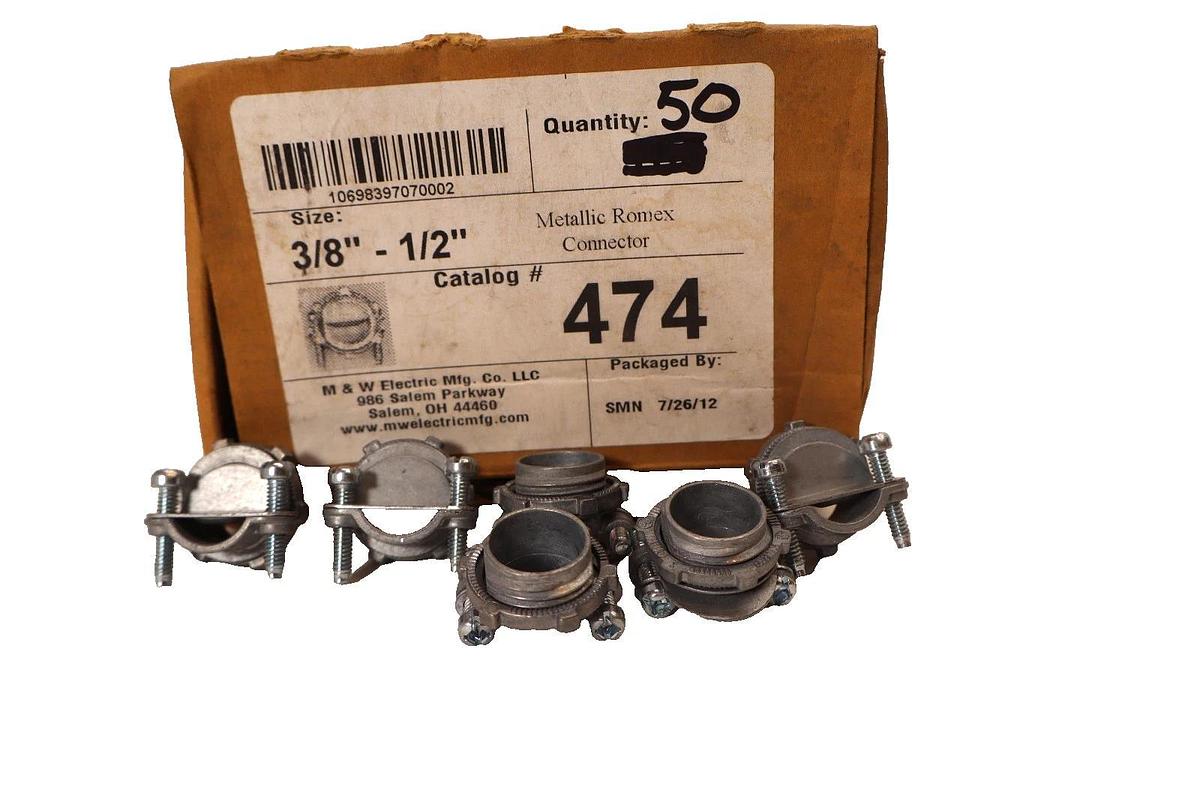 M&W Electric Mfg. 474 , 3/8"-1/2" Metallic Romex Connector (New - Box of 50)