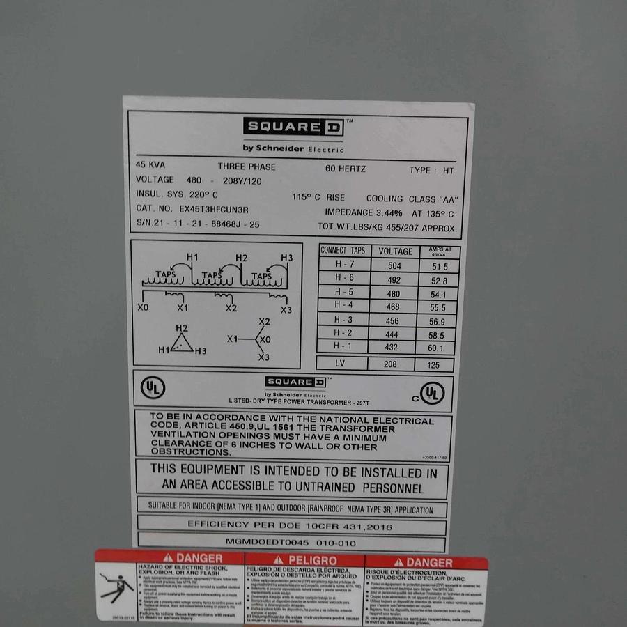Square D Schneider 45kVA Transformer 480v pri 208y/120v EX45T3HFCUN3R 45 kva NEW