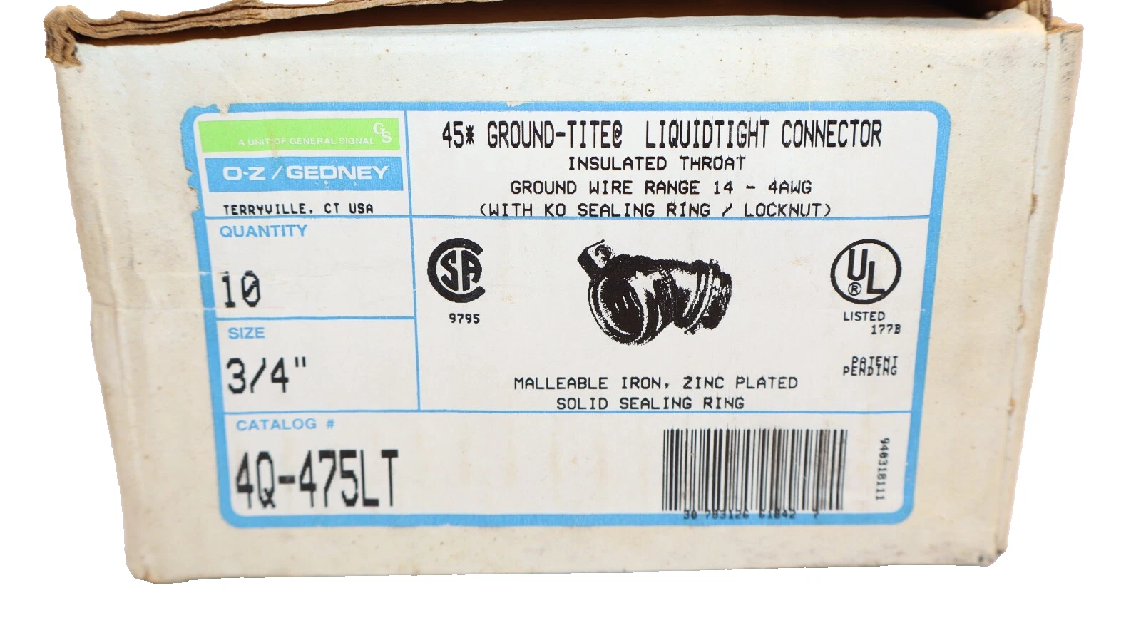 Box 10) O-Z GEDNEY 4Q-475LT 3/4" 45 Degree 45D Ground-Tite Liquidtight Connector