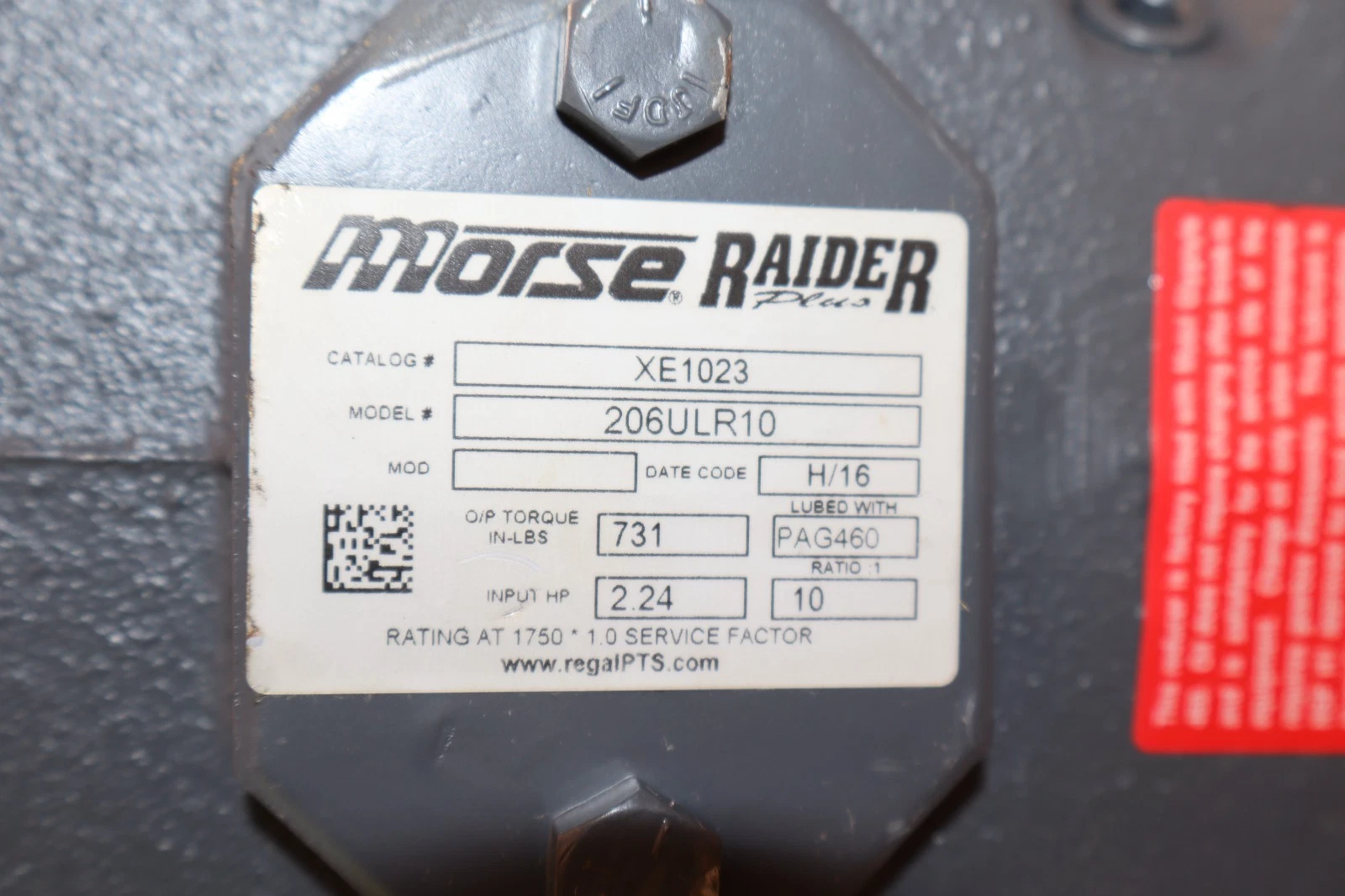 Morse Raider Plus Gear Box Speed Reducer XE1023 206ULR10 Ratio 10:1 2.24hp *NOS*