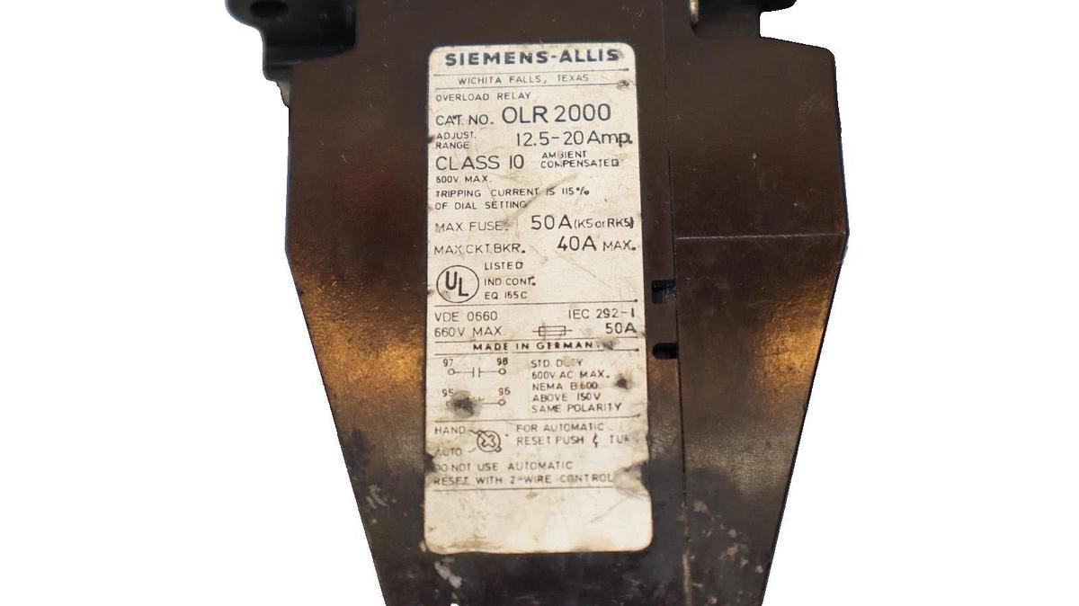 Used Siemens Allis Overload Relay OLR 2000 OLR2000 12.5-20A Amp