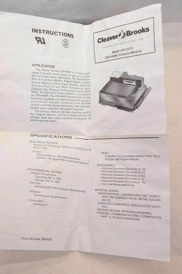 Used CLEAVER BROOKS 833-2415 120Vac Chassis Module